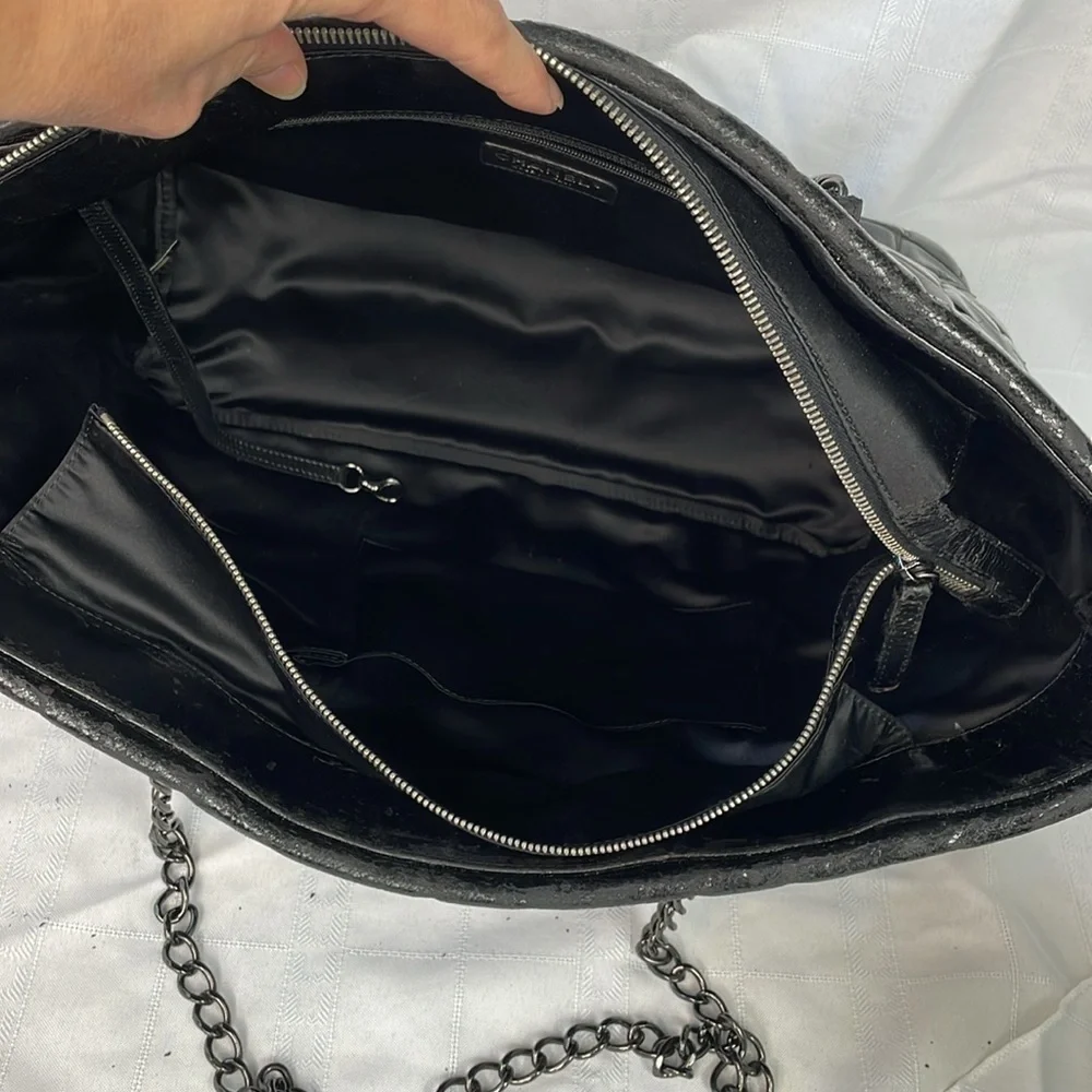 Chanel Brick Chocolate Bar Quilted Frozen Tote Bag Large Black Vinyl Chain Strap